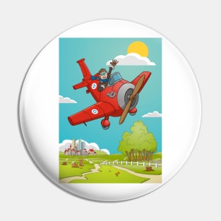 The waving pilot in his red airplane with landscape and background Pin