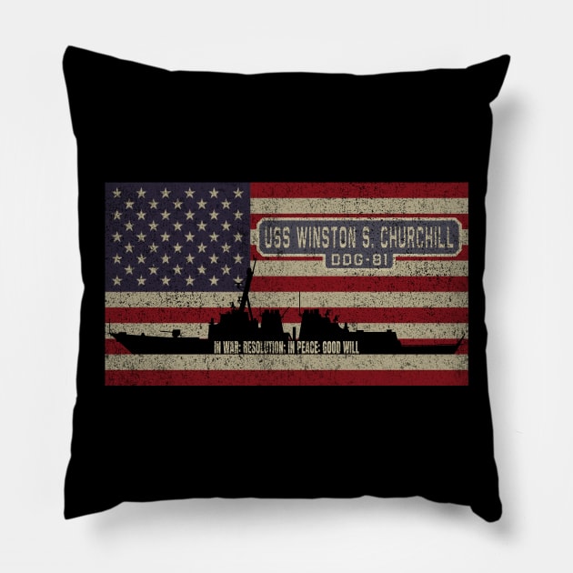 Winston S Churchill DDG-81 Arleigh Burke-class Guided Missile Destroyer Vintage USA  American Flag Gift Pillow by Battlefields