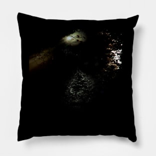 Digital collage and special processing. Dark, scary place in woods. Hole. Grayscale and brown. Pillow