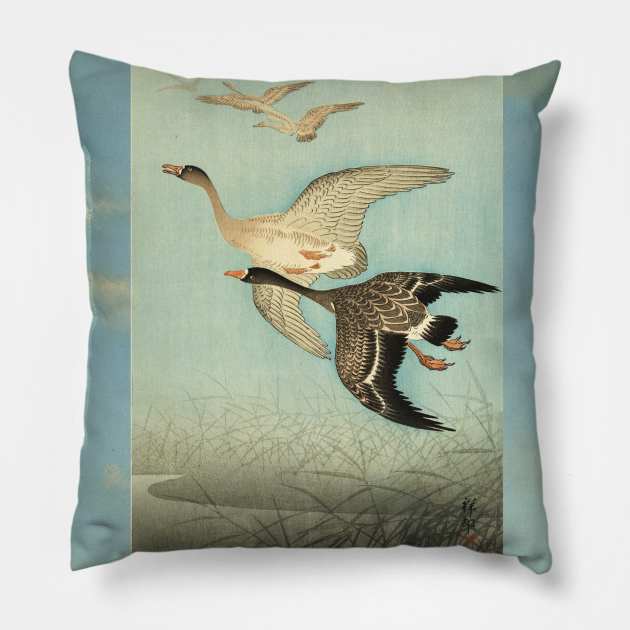 White fronted Geese in Flight Antique Japanese Paintings Pillow by BulganLumini