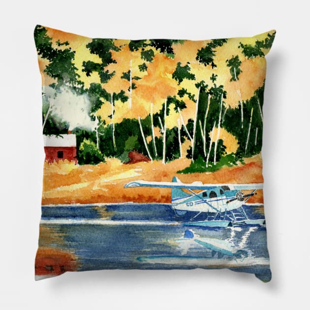 Pacific Northwest Float Plane Watercolor Painting Pillow by MMcBuck