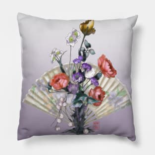 Orange red watercolor peonies and roses with a folding fan Pillow