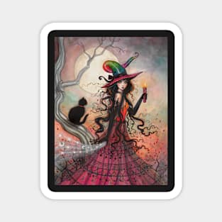 October Flame Witch Cat Halloween Fantasy Art Magnet