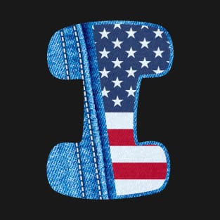 Letter I with the texture of blue denim fabric and USA flag - Initial I with jean fabric and American flag- jean fabric english alphabet A to Z T-Shirt