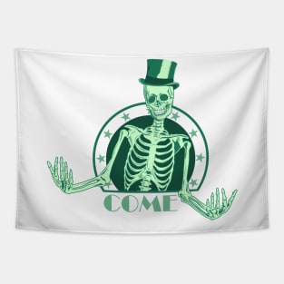 The green skeleton invites you to come. Tapestry