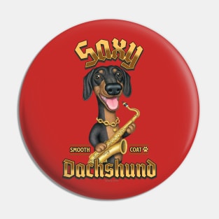 Fun Doxie Dog with sax with gold colored words Pin