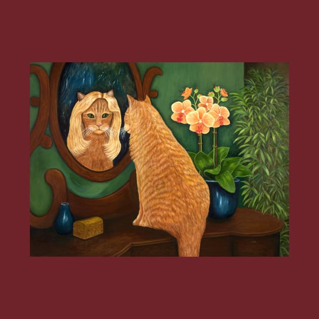 Ginger Cat Looking in Mirror with Blonde Wig by KarenZukArt