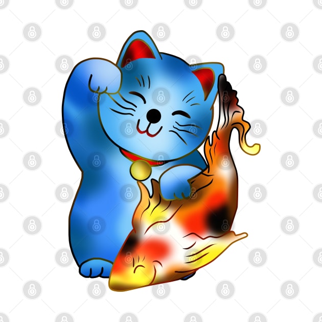 Right paw blue maneki neko lucky cat with fish by cuisinecat