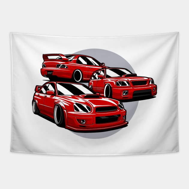 Red JDM Cars MIX Impreza Forester Tapestry by KaroCars