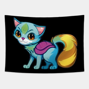 Adorable Cartoon Cat with Golden Tail and Backpack Tapestry