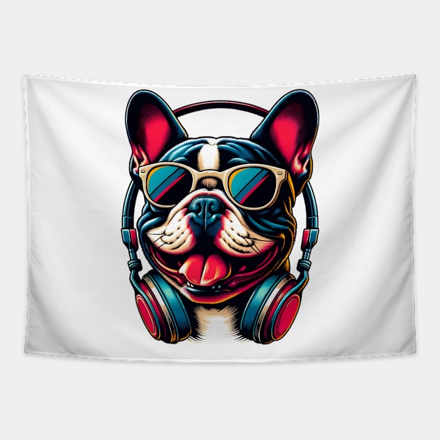 French Bulldog Smiling DJ with Vibrant Beats Tapestry by ArtRUs