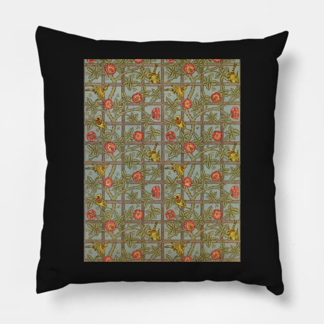 Garden Trellis with Birds Flowers Thorns Vintage Wallpaper Pattern Pillow by softbluehum