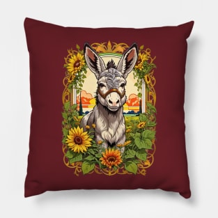 Cute little Donkey in the sunflower field retro vintage design Pillow