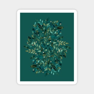 Seasonal branches and berries - green and gold on teal Magnet