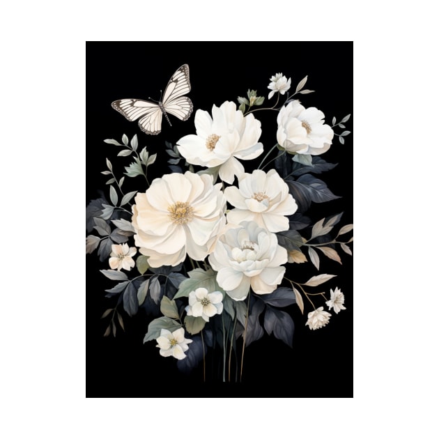 Elegant White Florals and Butterfly on Black - Botanical Ar by naars90