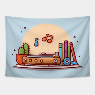 Old Music Player with Gramophone, Headphone, Cactus, Books, and Vinyl Cartoon Vector Icon Illustration Tapestry