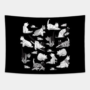 Origami kitten friends // black background black and white paper cats Tapestry