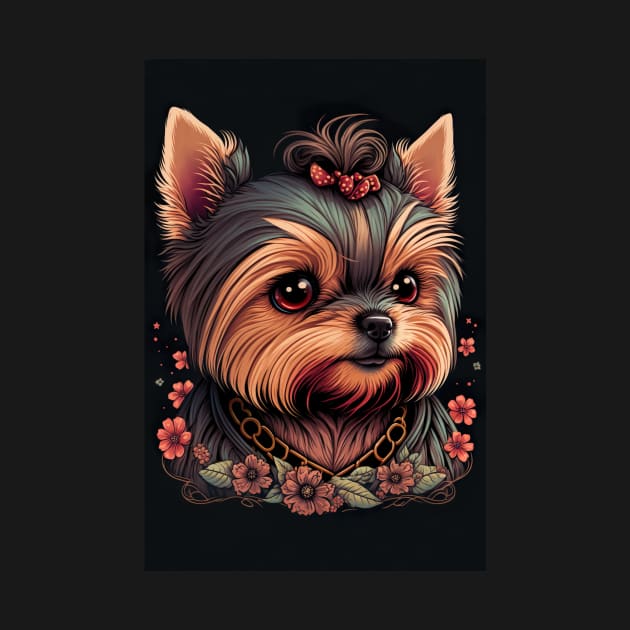 Super Cute Yorkshire Terrier Puppy Portrait - Japanese style by KoolArtDistrict