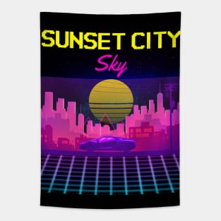 Sunset City Sky Retro Neon Arcade 80s Design Tapestry