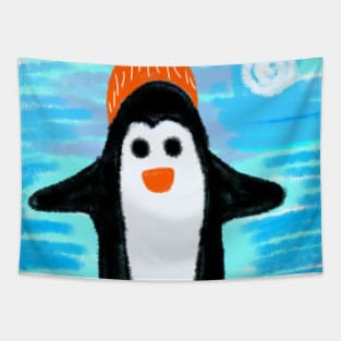 blue snow black penguin design Tapestry