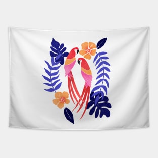 Red macaws and blue tropical leaves Tapestry