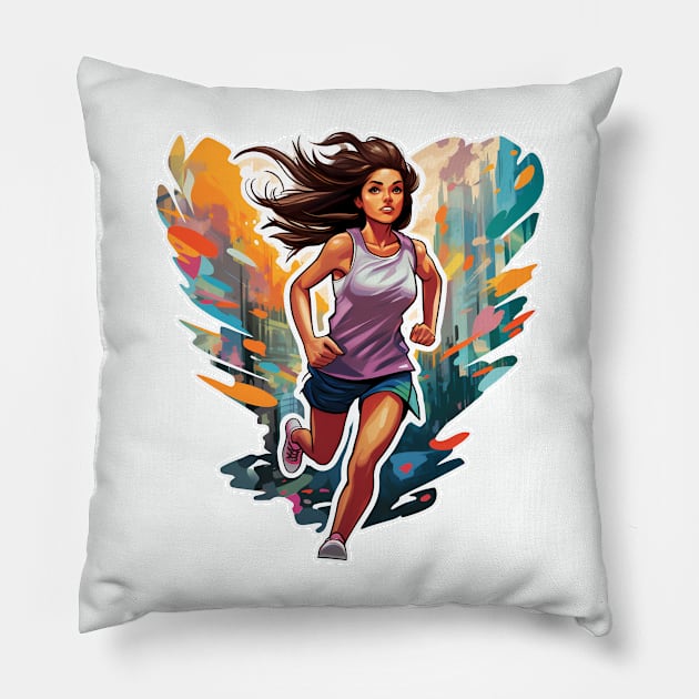 Rainbow Marathon Runner girl Pillow by beangeerie