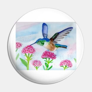 Hummingbird with Flowers in Watercolor Pin