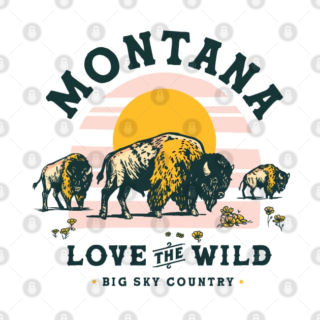 Big Sky Country, Montana. Cool Retro Travel Art Featuring A Buffalo by The Whiskey Ginger