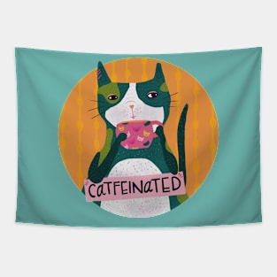 Catfeinated Cat Pun Cute Whimsical Drawing Tapestry