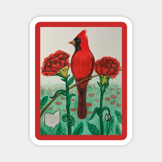 Ohio state bird and flower, the cardinal and red carnation Magnet by Matt Starr Fine Art