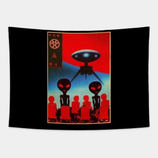 Vintage Anime Alien Invasion Retro Illustration - Nostalgic Cosmic Encounter Tapestry