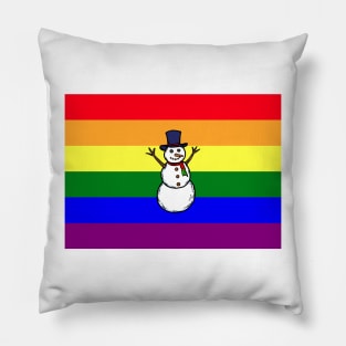 A hand drawn of a gay snowman on rainbow pride flag background, Pillow