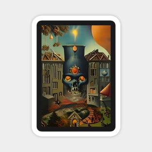 Surrealist painting like digital art of a Skull Cauldron and a village in abstract style Magnet