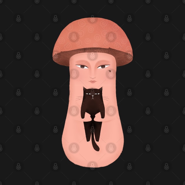 Cute happy mushroom lady holding tiny black cat, version 2 by iulistration