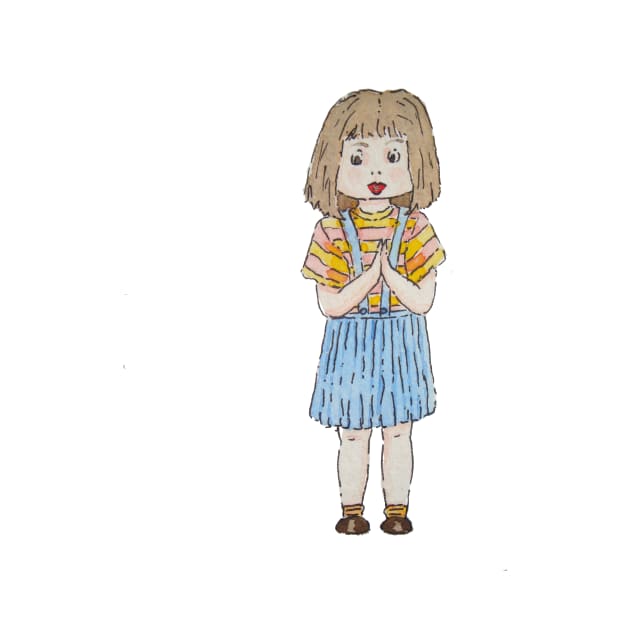 Cute little girl with brown hair and blue skirt by pollywolly