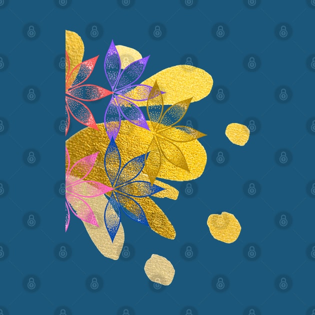 Multicoloured Floral design illustration pattern with gold metallic paint splatter by Haze and Jovial