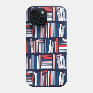 Colourful books // oxford navy blue bookshelf background neon red flesh coral white classic and pastel blue books Phone Case
