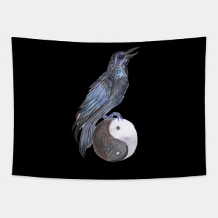 raven crow bird flying black yin yang wings winged feathers feathered Tapestry