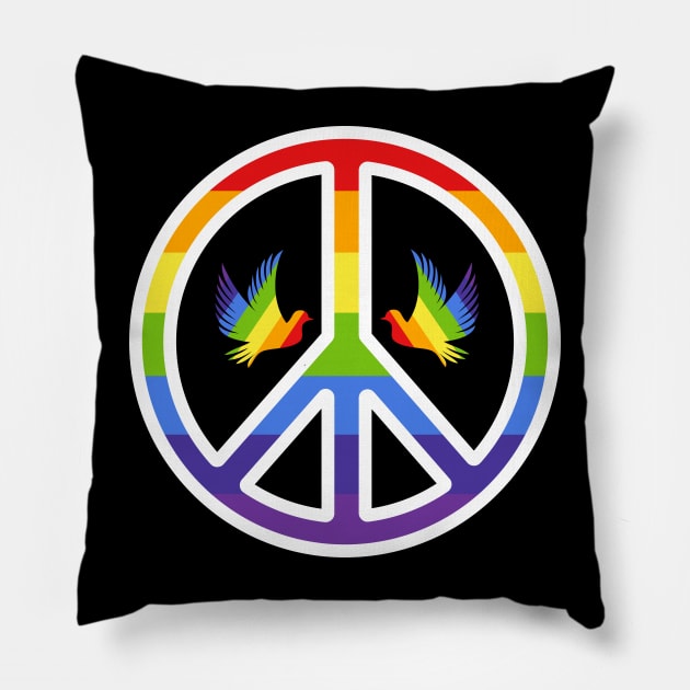 Rainbow Peace Symbol with Rainbow Doves Pillow by Wareham Spirals