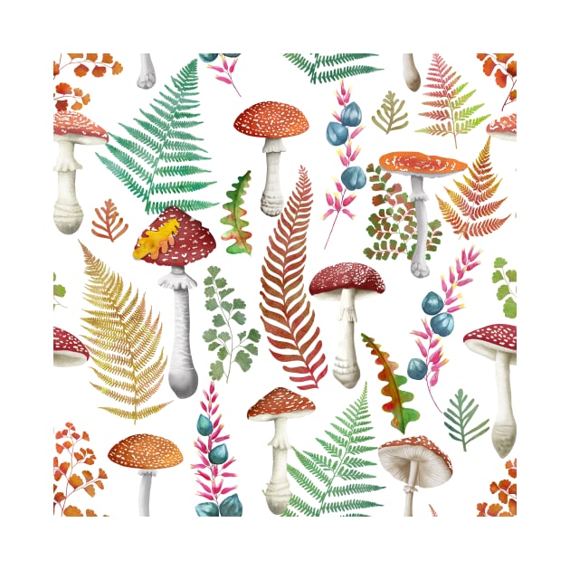 Fall fern leaves and fly agaric mushrooms seamless watercolor pattern. Autumn leaves, red poison mushrooms. Autumn print by likapix