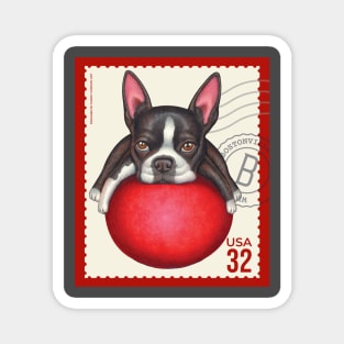 Funny Boston Terrier on Red Ball on classic red trimmed stamp Magnet