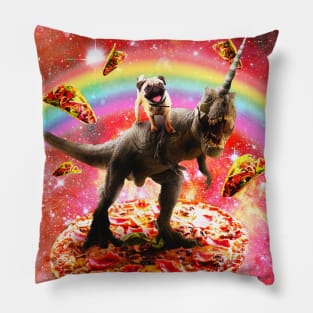 Pug Riding Unicorn Dinosaur on Pizza Pillow