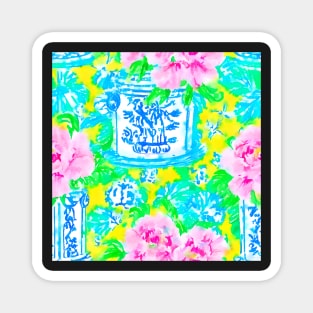 Neon colors chinoiserie jars and peonies watercolor painting Magnet