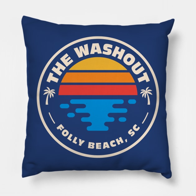 Retro The Washout at Folly Beach South Carolina Vintage Beach Surf Emblem Pillow by Now Boarding