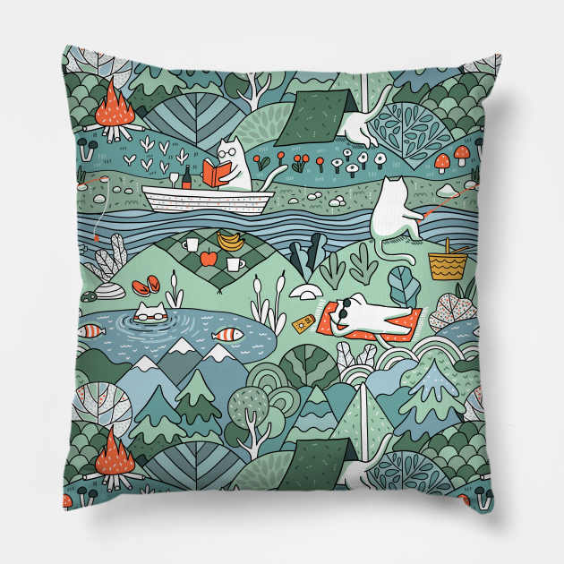 White cat on the lake Pillow by kostolom3000