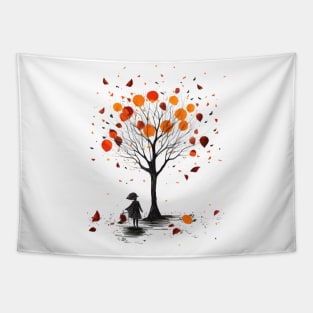 Girl Under Tree With Autumn Leaves  Confetti Tapestry