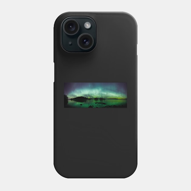 Beautiful northern lights over lake panorama Phone Case by Juhku