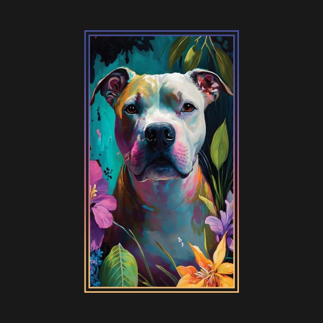 American Staffordshire Terrier Pitbull Vibrant Tropical Flower Tall Digital Oil Painting Portrait  5 by ArtHouseFlunky