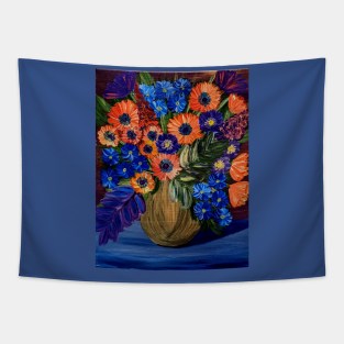 Bright and colorful abstract flowers in a bronze and purple vase Tapestry