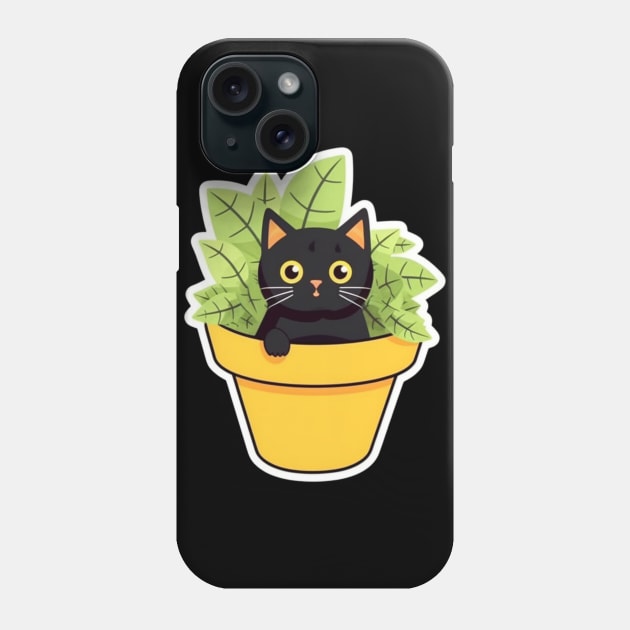 Catnip Cartoon Cat Tee: Minimalist Pot with Cute Black and White Kitty Phone Case by YUED